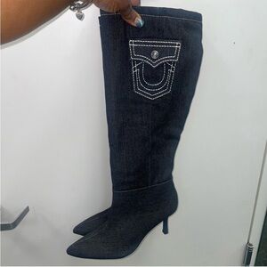 True Religion Dark Blue Denim Knee-High Boots